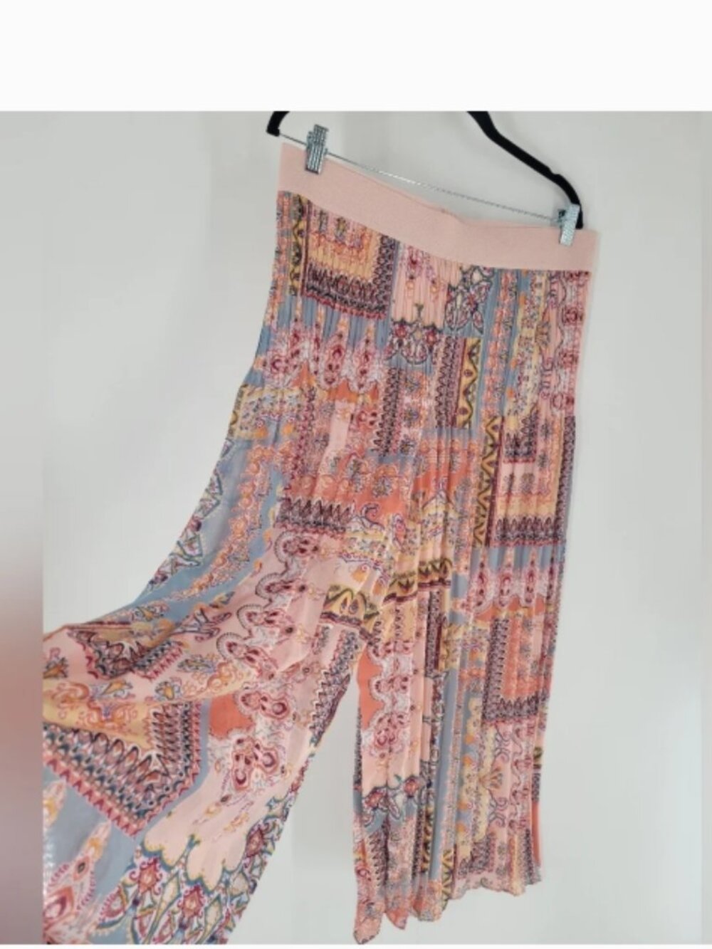 Melissa Paige Womens L Pleated Wide Leg Palazzo Pants Boho Paisley Mixed Print